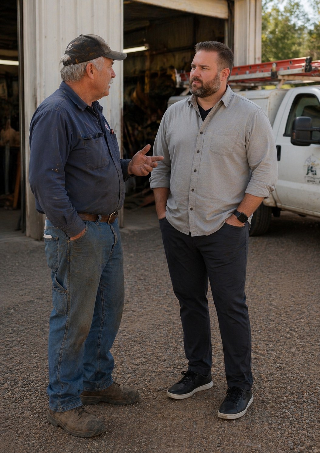 Jim Coleman with a business owner outside a shop